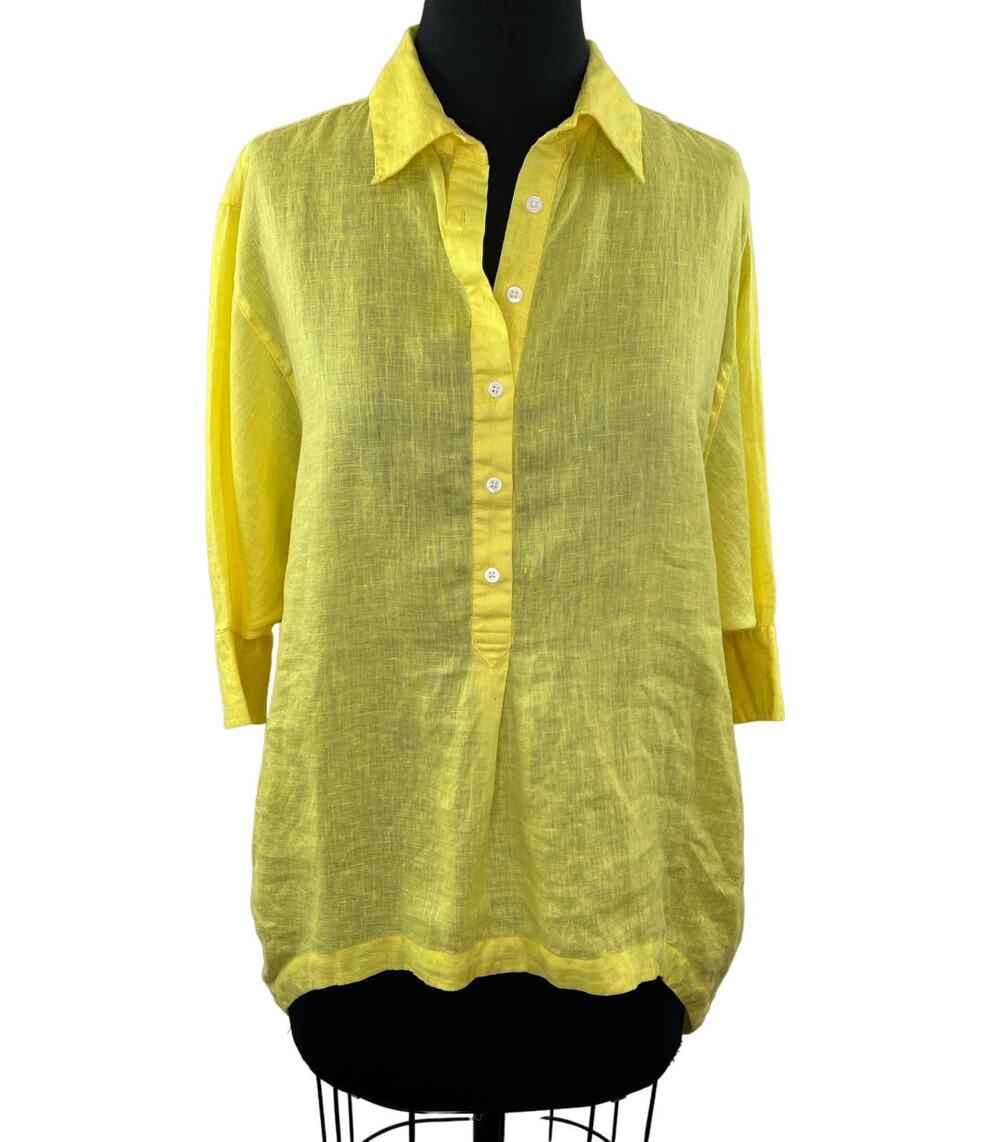 SI-IAE Yellow 100% Linen Button-Up Popover Tunic Top Long Sleeve Woven Shirt S